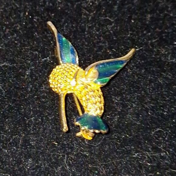 Enameled Vintage Hummingbird Pin Gold Tone Rhinestone Grandmacore Gift - Picture 1 of 8